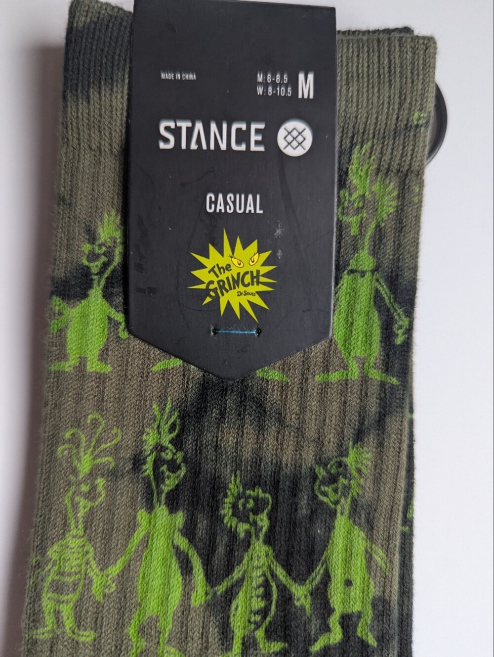 Stance The Grinch Olive Green & Neon Green Casual Crew Socks, Medium 8-10.5